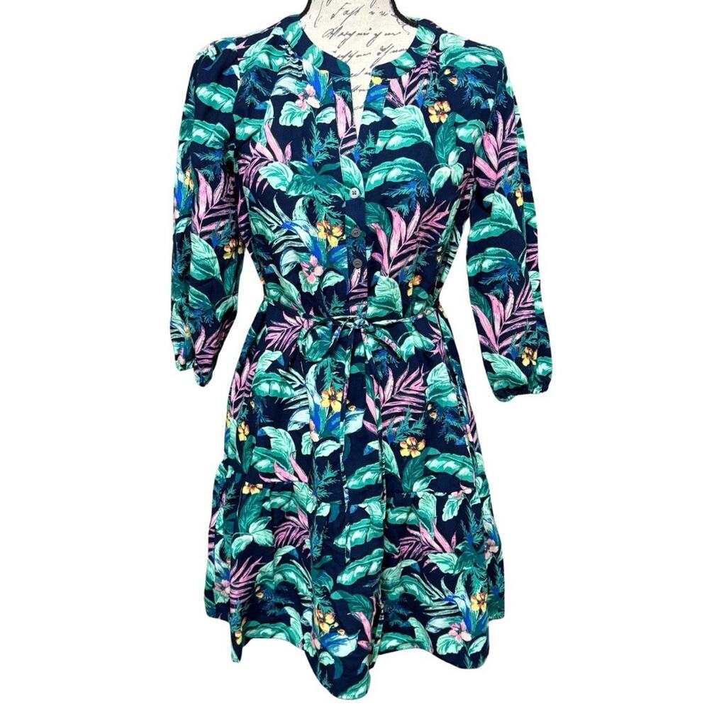 LOFT Petites Ruffle Hem Shirt Dress Size SP Navy Tropical Print Linen Blend NWT